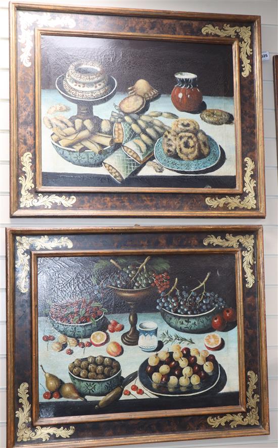 17th century Italian Style Still lifes of fruit and pastries on tabletops 19 x 25in.